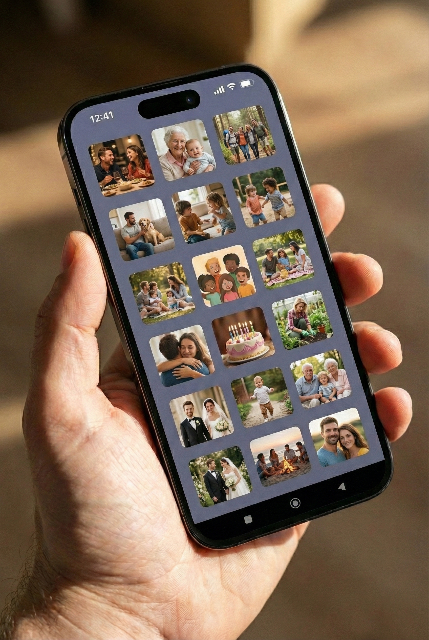 PhotoWallet app showing a gallery of family photos